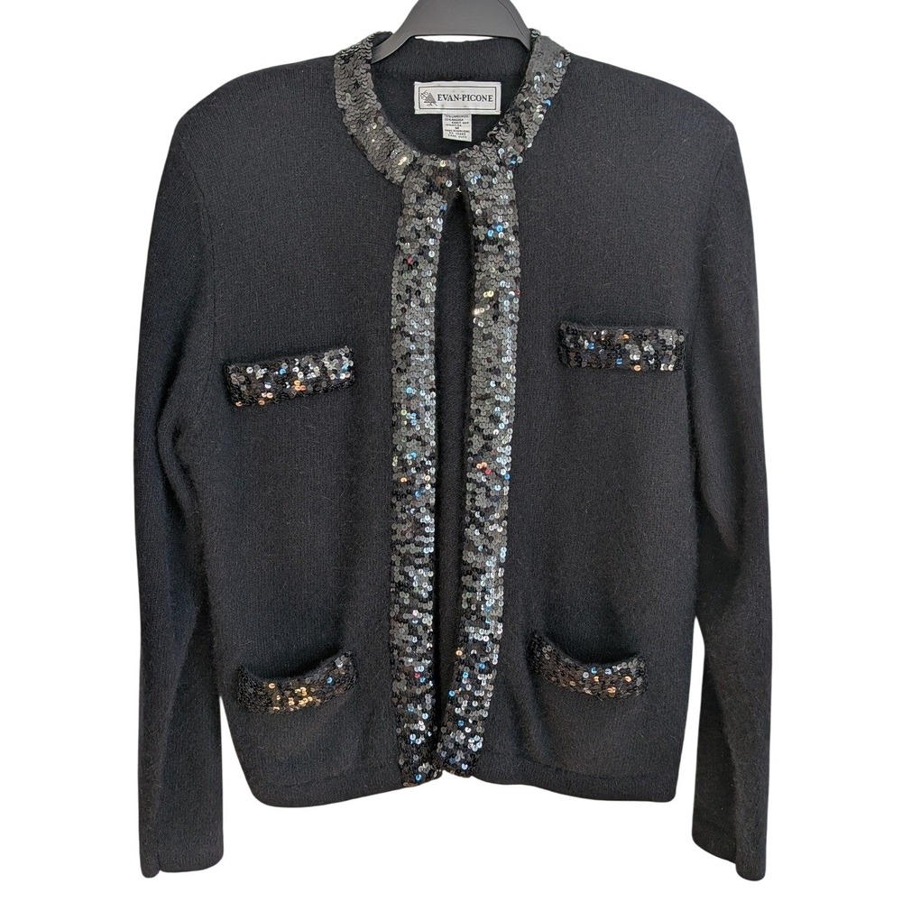 Evan-Picone Vintage Sweater Women's M Black Sequin Angora Lambswool Old Money